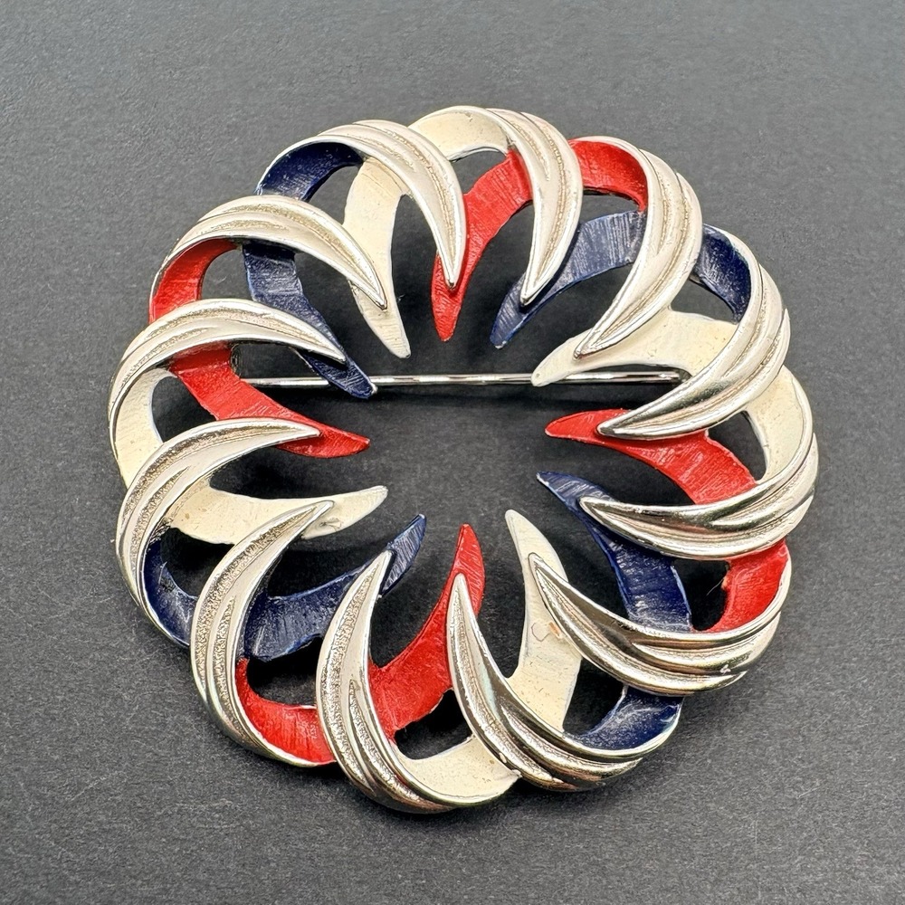 Vintage Emmons Red White Blue Enamel Silver Tone Sunburst Swirl Brooch Patriotic